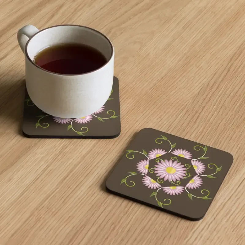 Chic Pink Flowers Brown Cork Coaster Heat Resistant