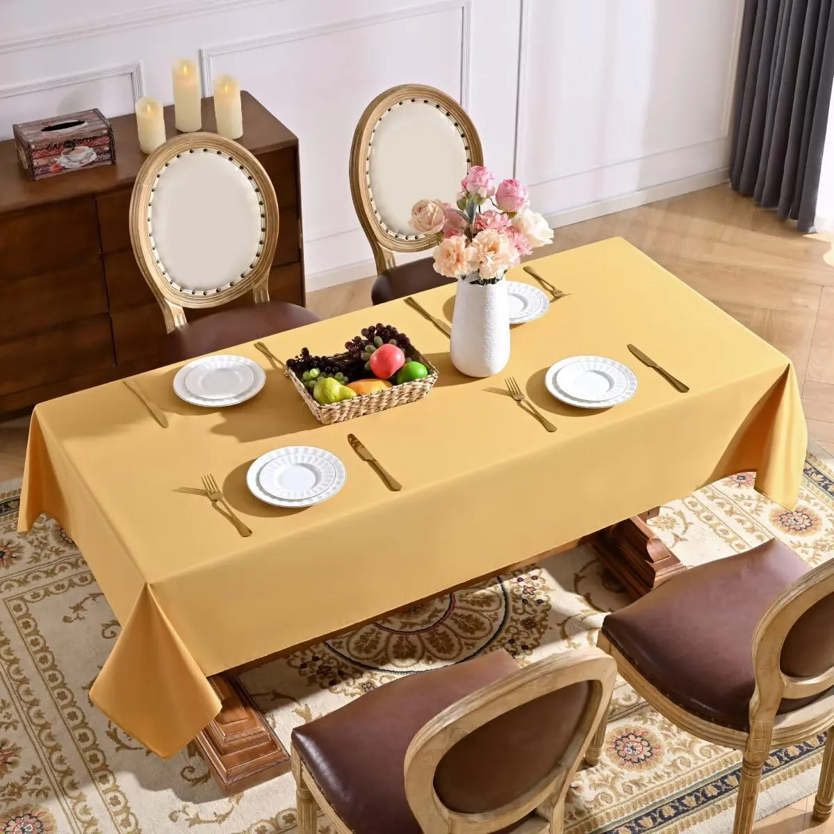Christmas Rectangle Tablecloth Water and Stain Resistant Washable Table Cloth Selected Wrinkle Free Polyester Table Cover for Dining, Parties, Camping (90 x 156 Inch, Gold)