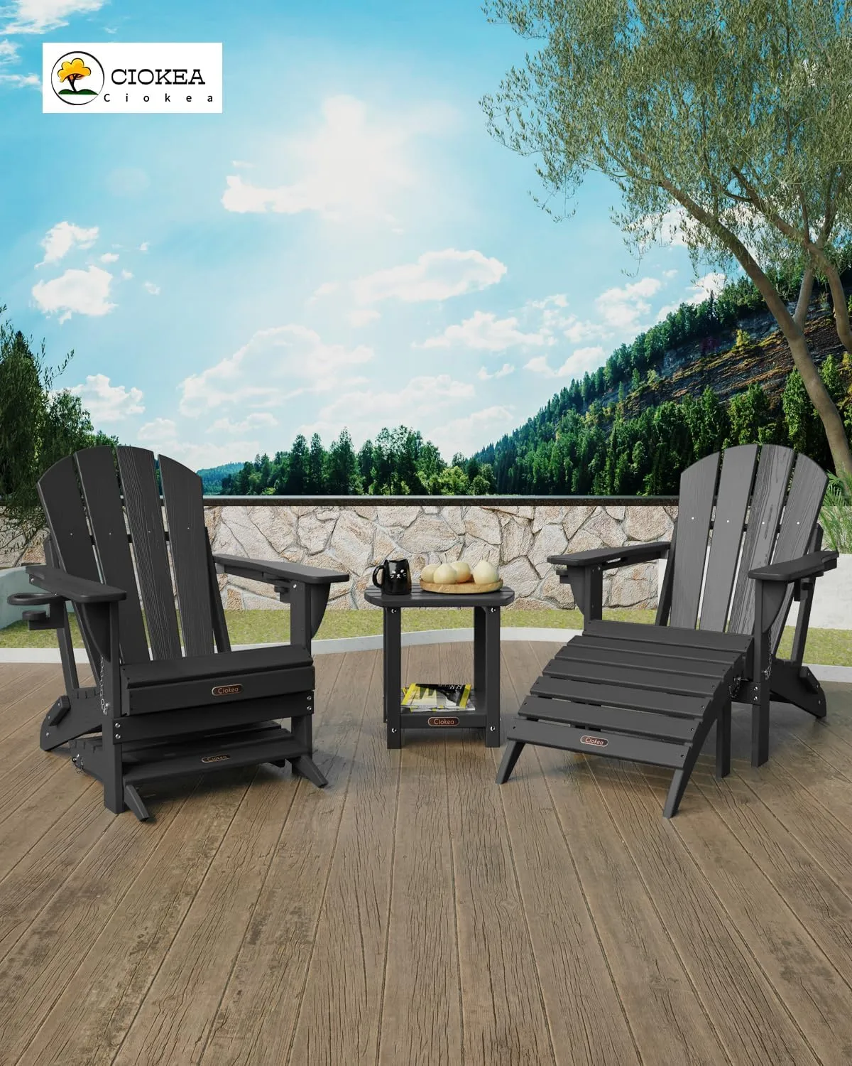 Ciokea Adirondack Outdoor Side Table, 2-Tier Sturdy Patio End Table Weather Resistant, Morden Side Table for Patio, Pool, Porch, Black