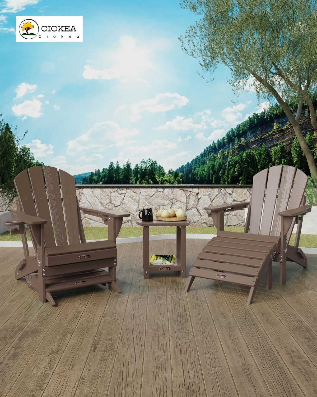 Ciokea Adirondack Outdoor Side Table, 2-Tier Sturdy Patio End Table Weather Resistant, Morden Side Table for Patio, Pool, Porch, Brown
