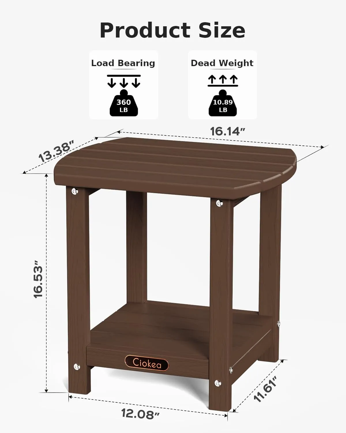 Ciokea Adirondack Outdoor Side Table, 2-Tier Sturdy Patio End Table Weather Resistant, Morden Side Table for Patio, Pool, Porch, Brown