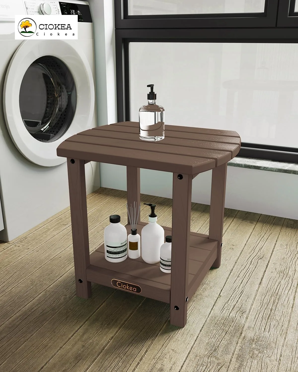 Ciokea Adirondack Outdoor Side Table, 2-Tier Sturdy Patio End Table Weather Resistant, Morden Side Table for Patio, Pool, Porch, Brown