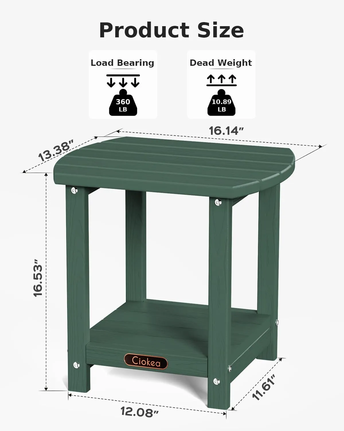 Ciokea Adirondack Outdoor Side Table, 2-Tier Sturdy Patio End Table Weather Resistant, Morden Side Table for Patio, Pool, Porch, Green