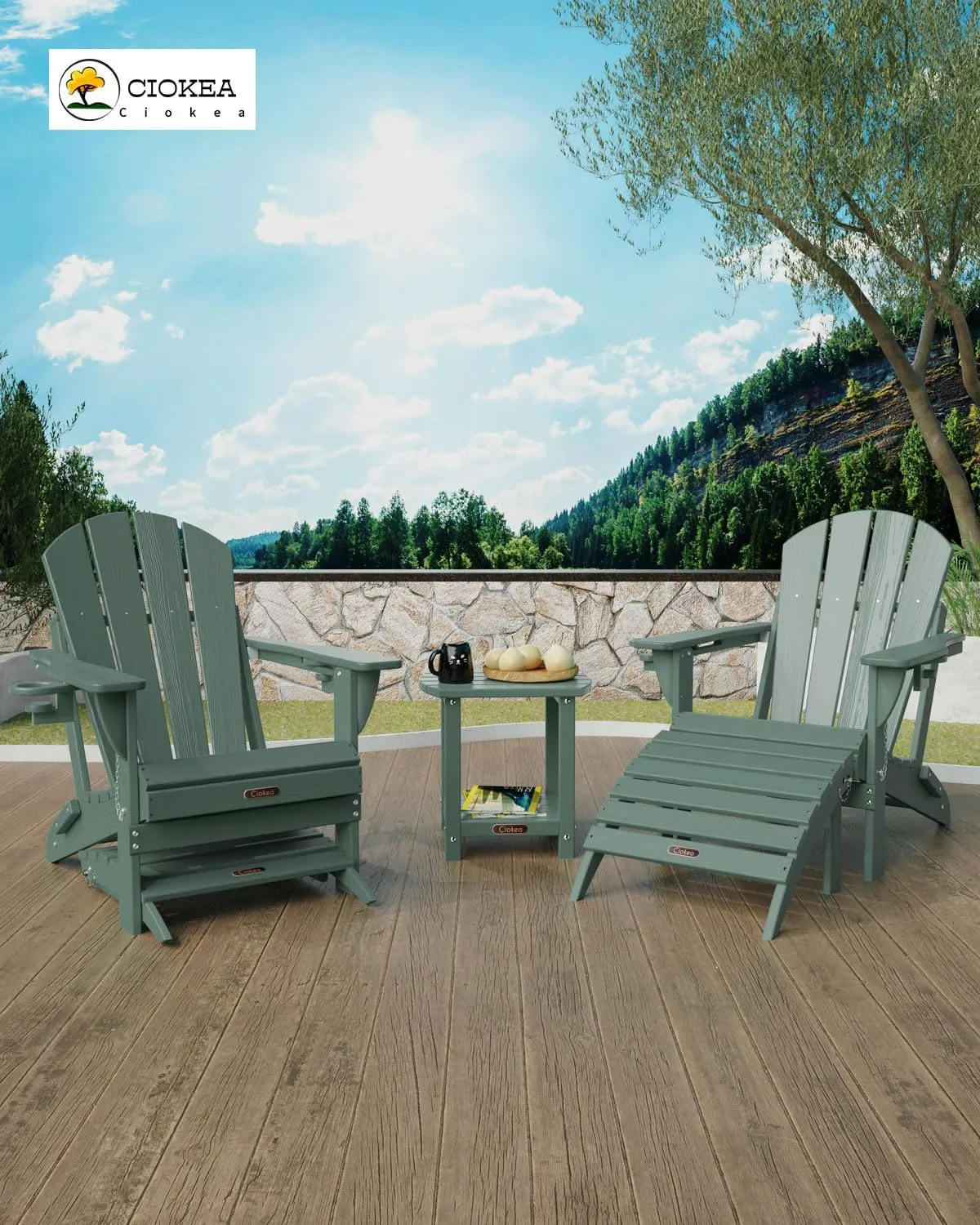 Ciokea Adirondack Outdoor Side Table, 2-Tier Sturdy Patio End Table Weather Resistant, Morden Side Table for Patio, Pool, Porch, Green