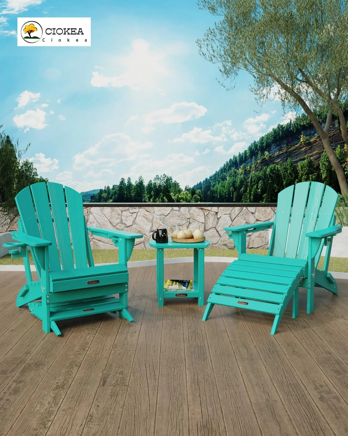 Ciokea Adirondack Outdoor Side Table, 2-Tier Sturdy Patio End Table Weather Resistant, Morden Side Table for Patio, Pool, Porch, Lake Blue