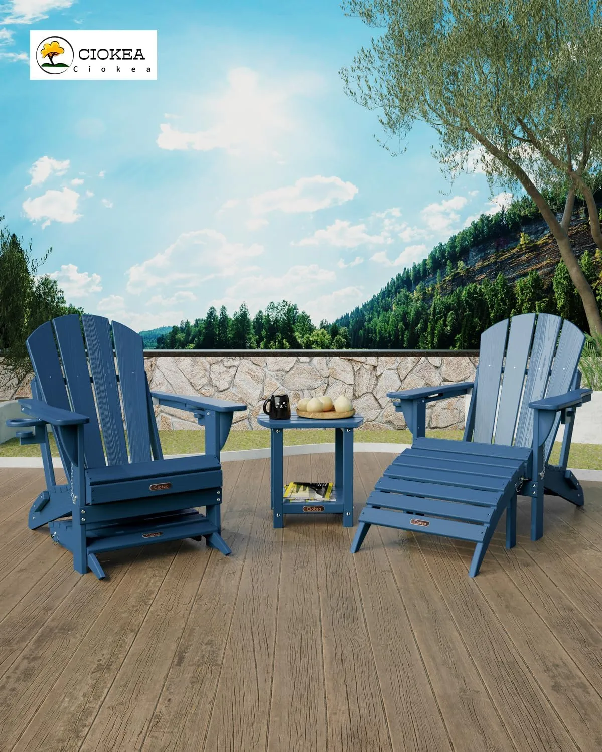 Ciokea Adirondack Outdoor Side Table, 2-Tier Sturdy Patio End Table Weather Resistant, Morden Side Table for Patio, Pool, Porch, Navy Blue