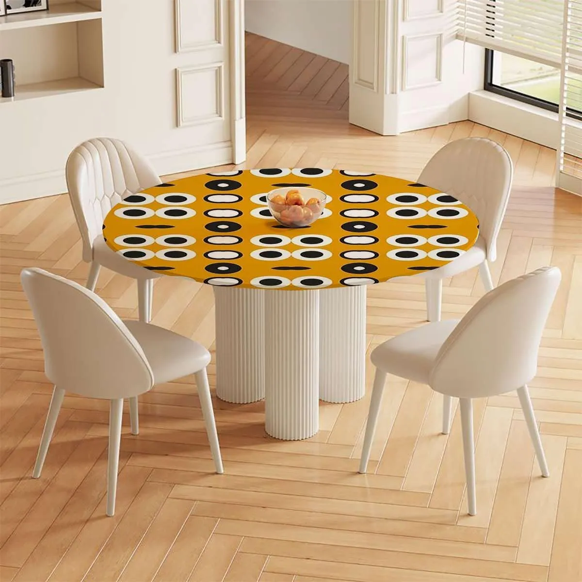 Circular Table Cover Design Decoration Geometric Circular Stripe Style Waterproof Table Cloth Cover Tablecloth for Outdoor Picnic Abstract Fits up 38"-42" Diameter Tables Yellow White Black