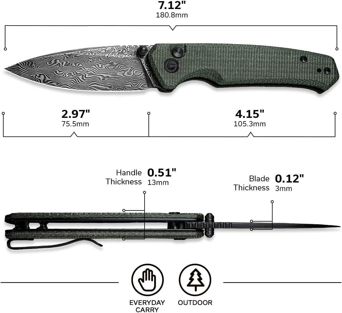 CIVIVI Altus Pocket Folding Knife with Button Lock and Thumb Stud Opener, 2.97" Damascus Blade Green Micarta Handle C20076-DS1