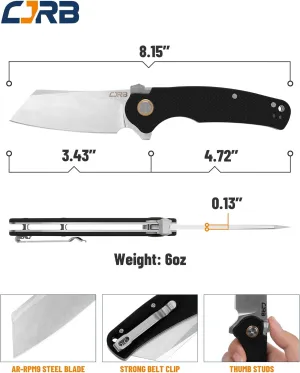 CJRB Crag Tactical Knife, Cleaver Pocket Folding Knife with Stonewash AR-RPM9 Steel Blade and G10 Handle for Men Outdoor, Survival, Camping and EDC (J1904R),Black