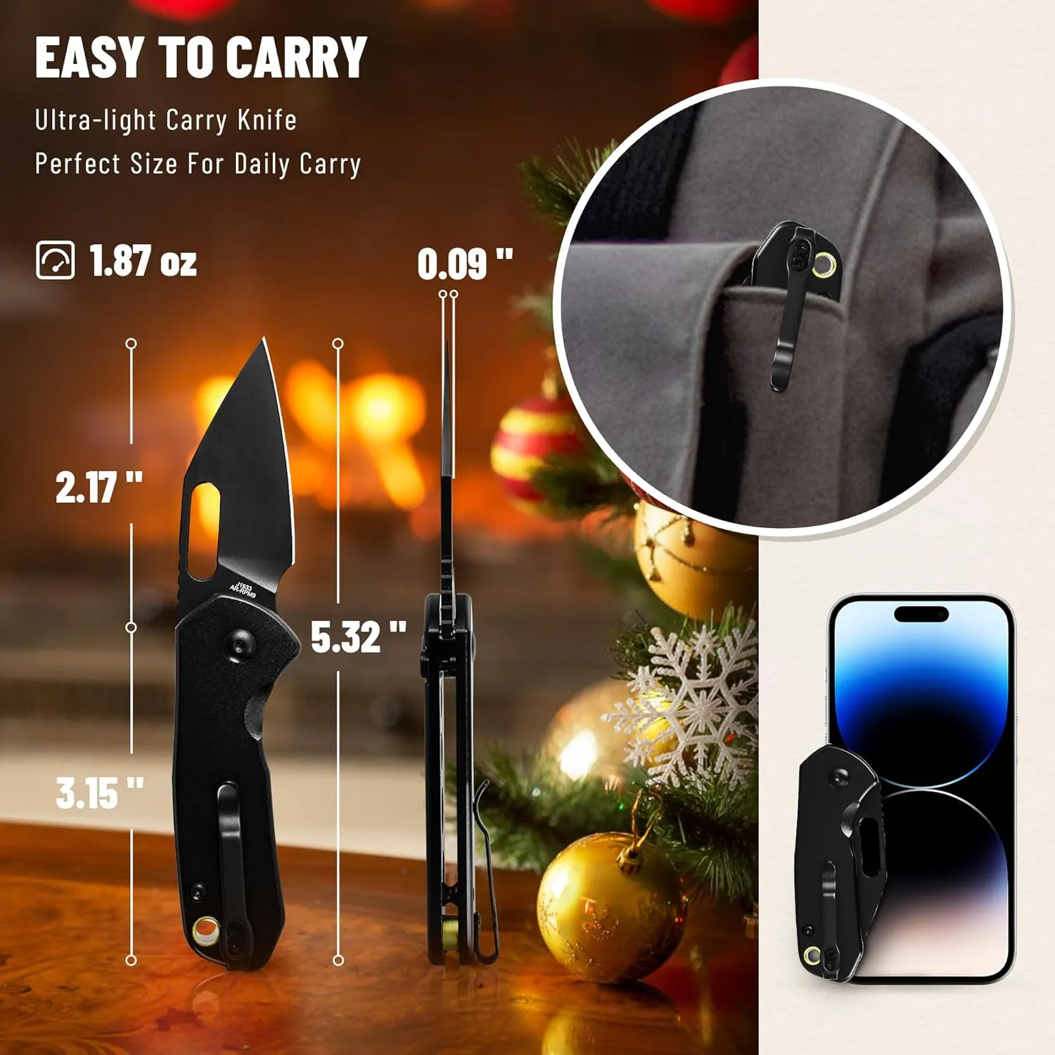 CJRB CUTLERY Mini Pyrite(J1933) Folding Pocket Knife,2.17" Black PVD AR-RPM9 Steel Blade and Black Handle Small EDC Knife with Pocket Clip for Work Outdoor Hiking Camping
