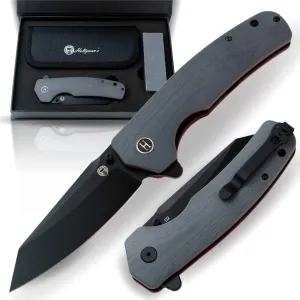 Clip Point Folding Knife with G10 Tactical Handle, D2 Steel Blade, Gift Box Set (Grey Red) - Ideal for Outdoor Enthusiasts - Holtzman's Gorilla Survival