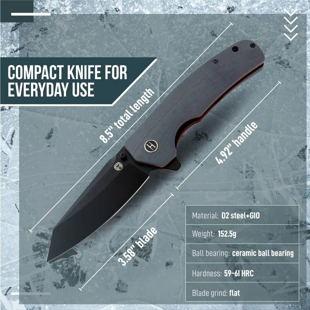 Clip Point Folding Knife with G10 Tactical Handle, D2 Steel Blade, Gift Box Set (Grey Red) - Ideal for Outdoor Enthusiasts - Holtzman's Gorilla Survival