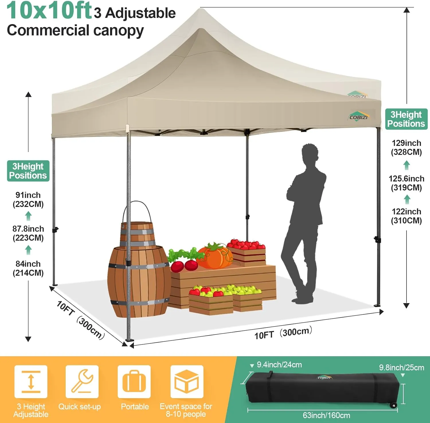 COBIZI 10x10 Pop Up Canopy Tent with 4 sidewalls Commercial Heavy Duty Canopy UPF 50  All Weather Waterproof Outdoor Canopy Wedding Tents for Parties Gazebo with Roller Bag, Khaki (Windproof Upgraded)