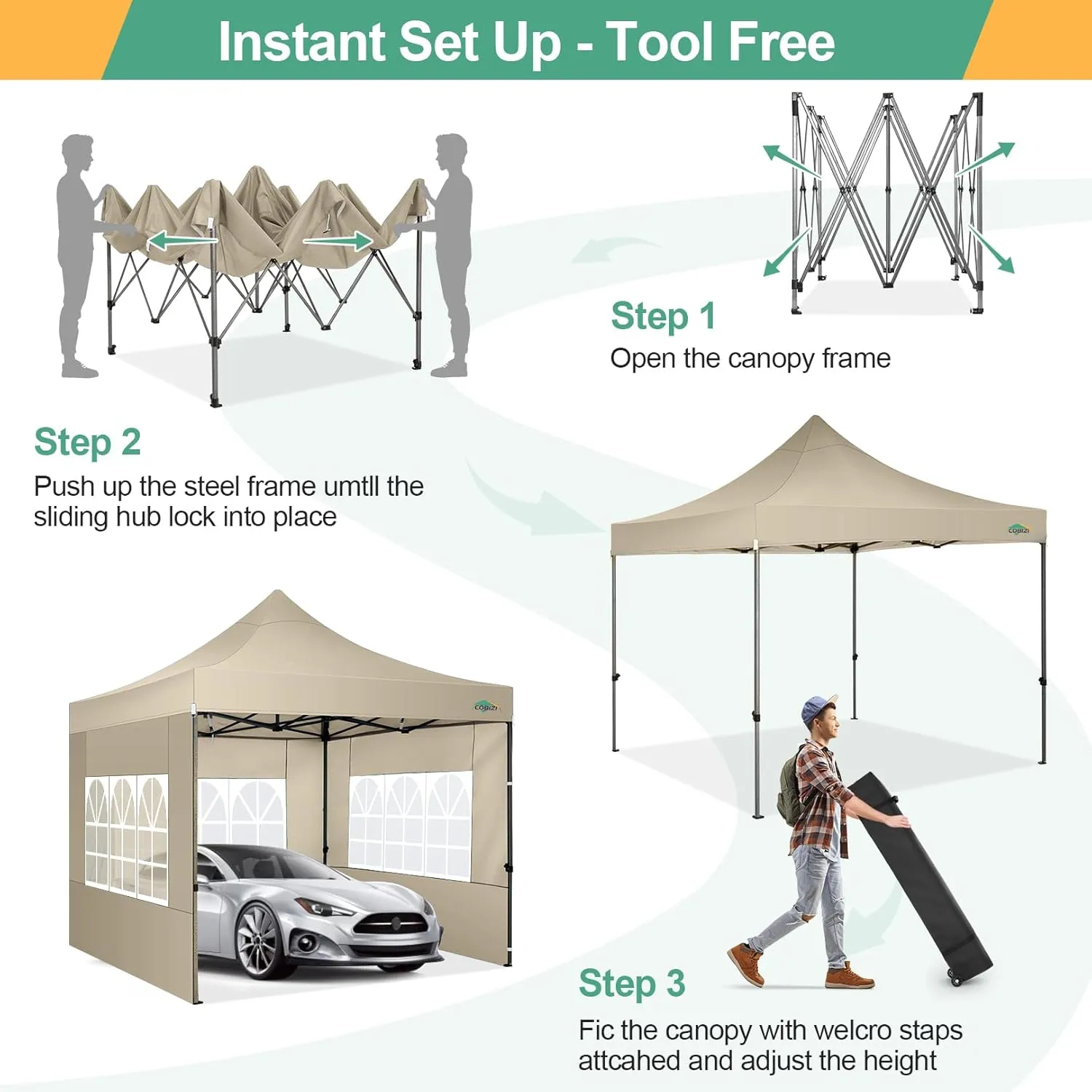 COBIZI 10x10 Pop Up Canopy Tent with 4 sidewalls Commercial Heavy Duty Canopy UPF 50  All Weather Waterproof Outdoor Canopy Wedding Tents for Parties Gazebo with Roller Bag, Khaki (Windproof Upgraded)