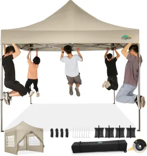 COBIZI 10x10 Pop Up Canopy Tent with 4 sidewalls Commercial Heavy Duty Canopy UPF 50  All Weather Waterproof Outdoor Canopy Wedding Tents for Parties Gazebo with Roller Bag, Khaki (Windproof Upgraded)