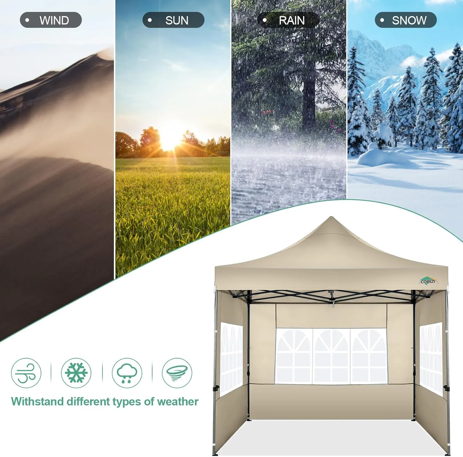 COBIZI 10x10 Pop Up Canopy Tent with 4 sidewalls Commercial Heavy Duty Canopy UPF 50  All Weather Waterproof Outdoor Canopy Wedding Tents for Parties Gazebo with Roller Bag, Khaki (Windproof Upgraded)