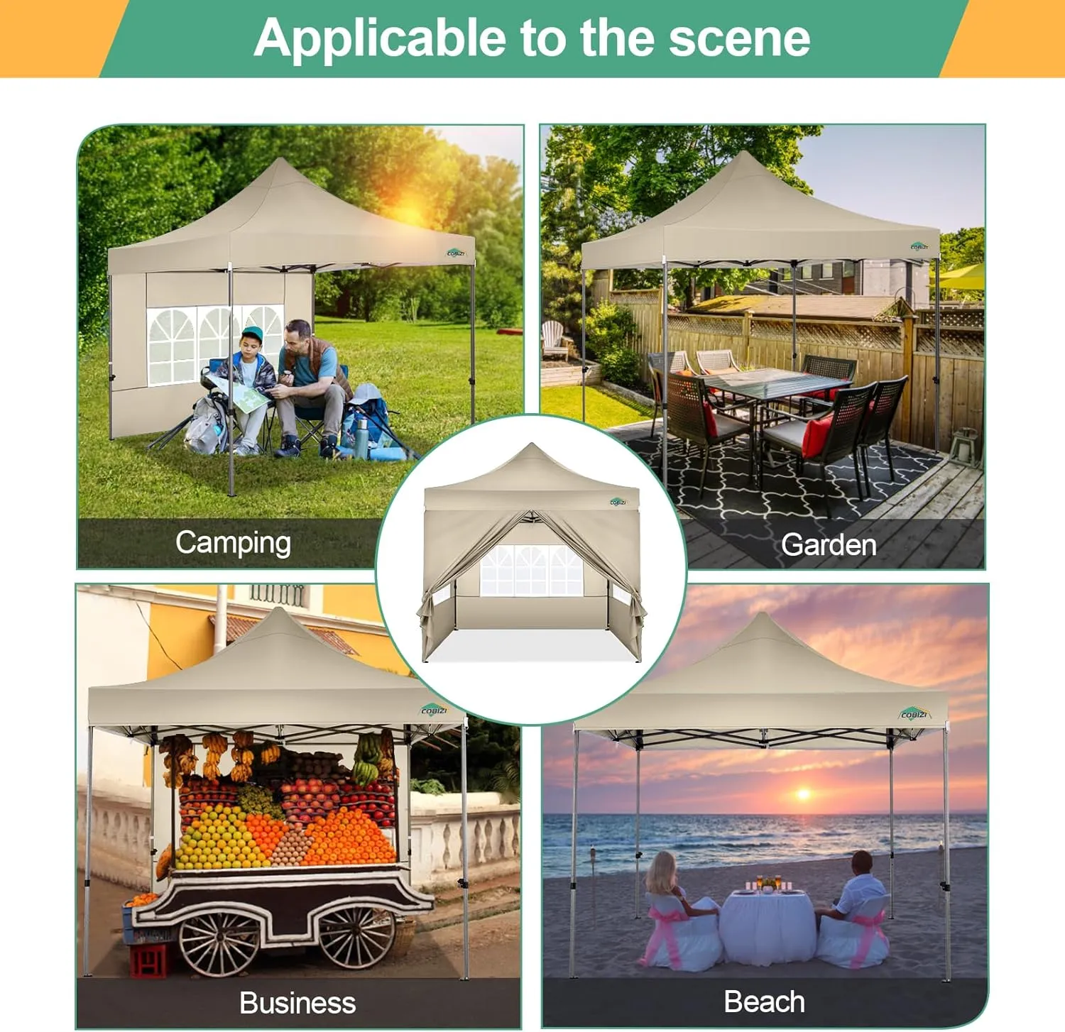 COBIZI 10x10 Pop Up Canopy Tent with 4 sidewalls Commercial Heavy Duty Canopy UPF 50  All Weather Waterproof Outdoor Canopy Wedding Tents for Parties Gazebo with Roller Bag, Khaki (Windproof Upgraded)