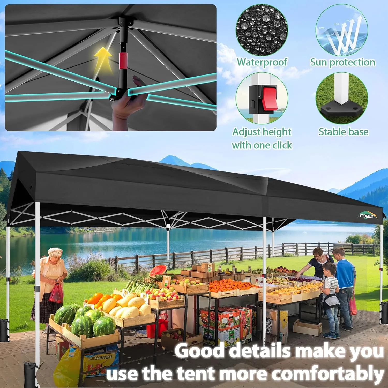 COBIZI 10x20 Pop up Canopy Tent Instant Setup - Push Button Lock Gazebo with Waterproof UPF50  Sidewalls, Adjustable Height Outdoor Shelter Tent for Parties/Wedding/Backyard/Commercial, Black