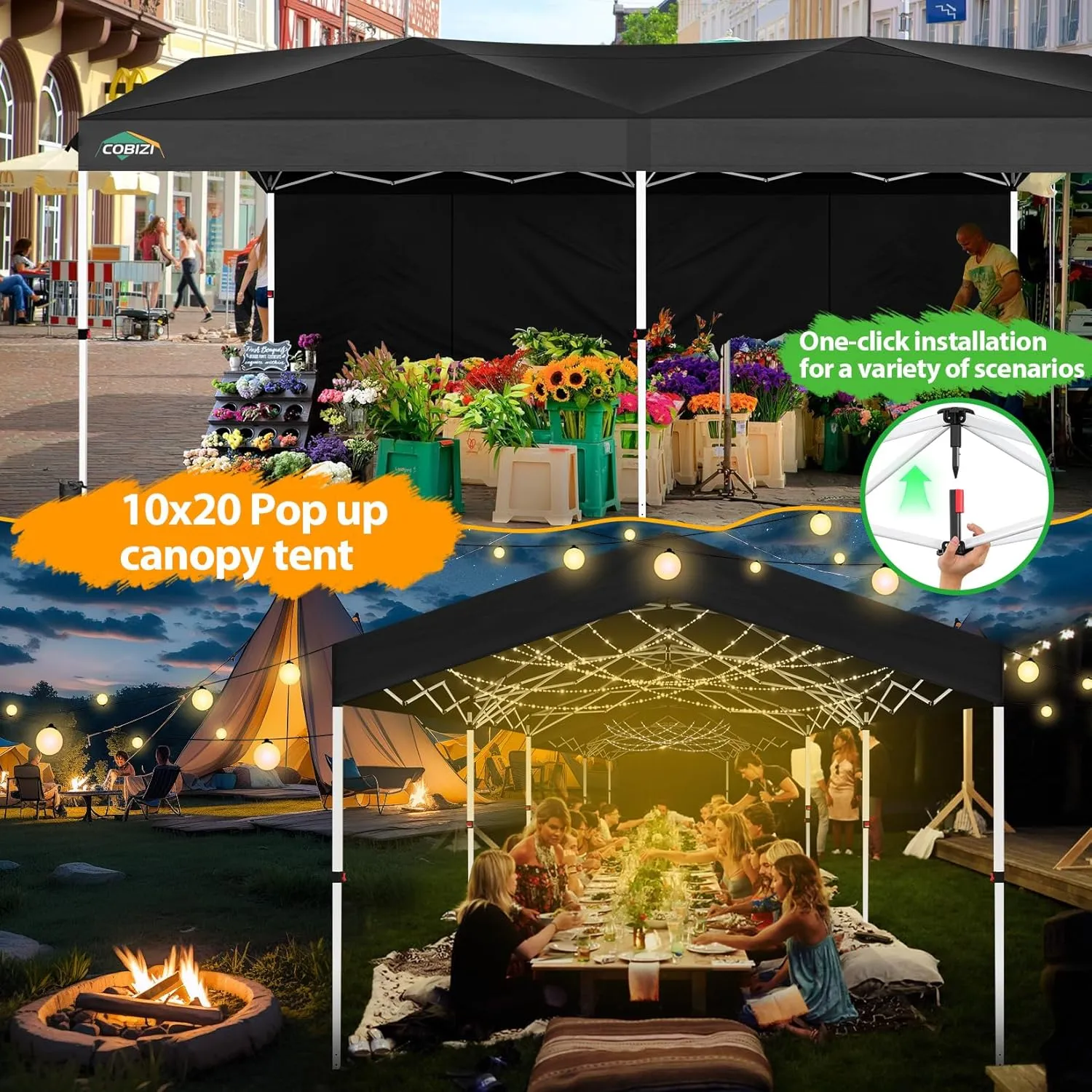 COBIZI 10x20 Pop up Canopy Tent Instant Setup - Push Button Lock Gazebo with Waterproof UPF50  Sidewalls, Adjustable Height Outdoor Shelter Tent for Parties/Wedding/Backyard/Commercial, Black