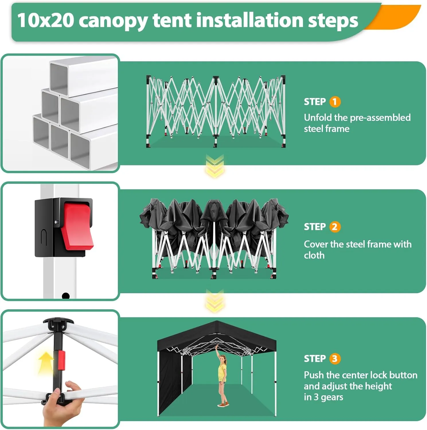 COBIZI 10x20 Pop up Canopy Tent Instant Setup - Push Button Lock Gazebo with Waterproof UPF50  Sidewalls, Adjustable Height Outdoor Shelter Tent for Parties/Wedding/Backyard/Commercial, Black