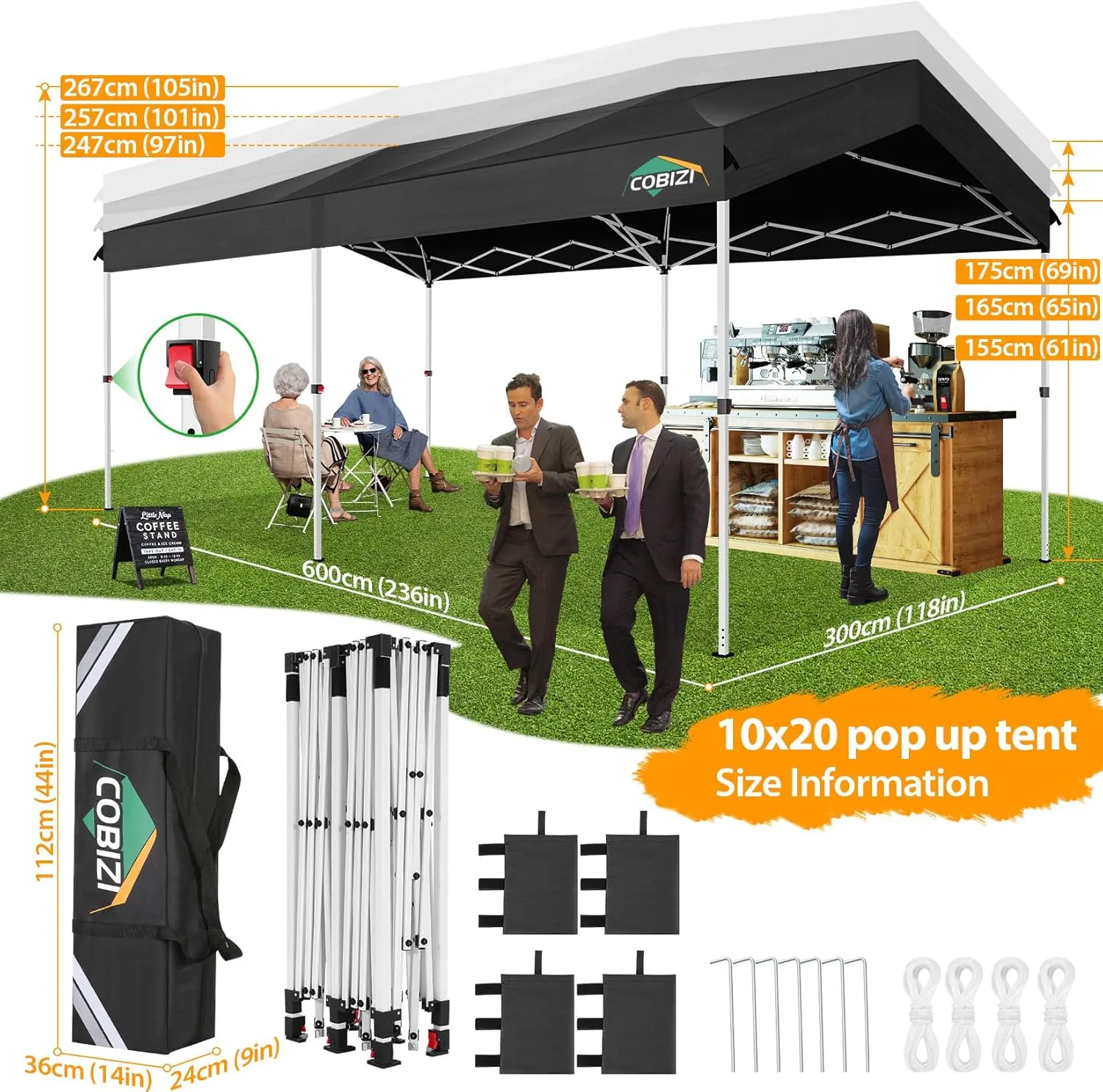 COBIZI 10x20 Pop up Canopy Tent Instant Setup - Push Button Lock Gazebo with Waterproof UPF50  Sidewalls, Adjustable Height Outdoor Shelter Tent for Parties/Wedding/Backyard/Commercial, Black