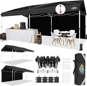 COBIZI 10x20 Pop up Canopy Tent Instant Setup - Push Button Lock Gazebo with Waterproof UPF50  Sidewalls, Adjustable Height Outdoor Shelter Tent for Parties/Wedding/Backyard/Commercial, Black