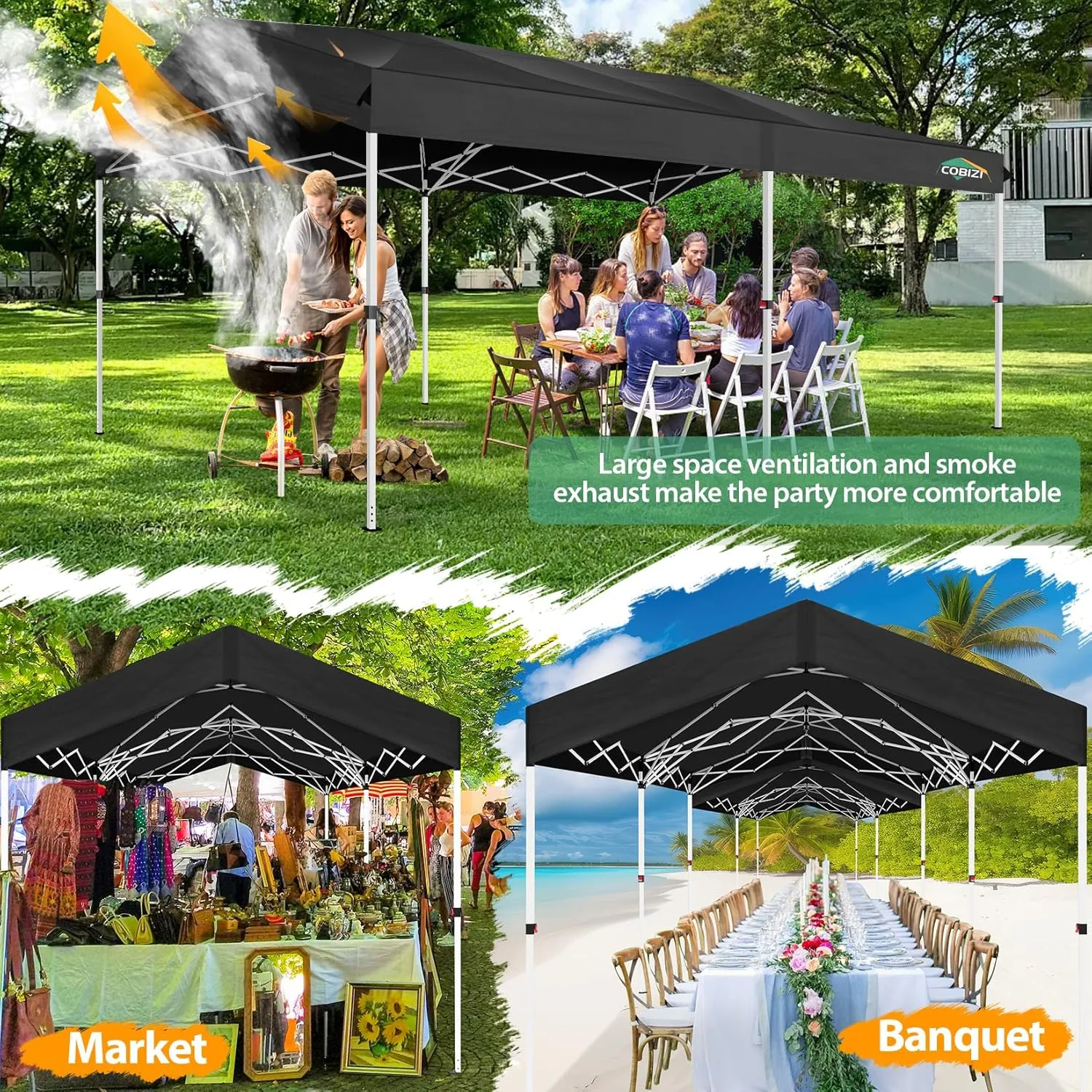 COBIZI 10x20 Pop up Canopy Tent Instant Setup - Push Button Lock Gazebo with Waterproof UPF50  Sidewalls, Adjustable Height Outdoor Shelter Tent for Parties/Wedding/Backyard/Commercial, Black