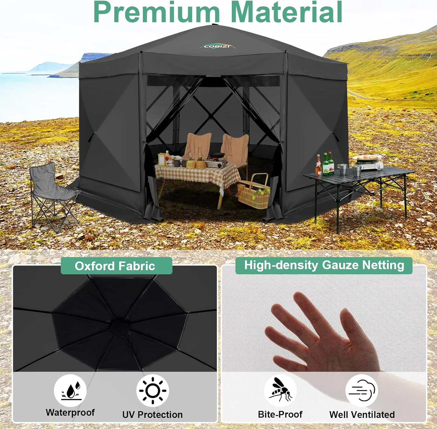 COBIZI 15x15ft Extra Large Pop-Up Gazebo Canopy Tent with Mosquito Netting, Spacious Easy Set-Up Screened Shelter, Durable Outdoor Pavilion with Ground Stakes, Perfect for Patio, Backyard, and Lawn