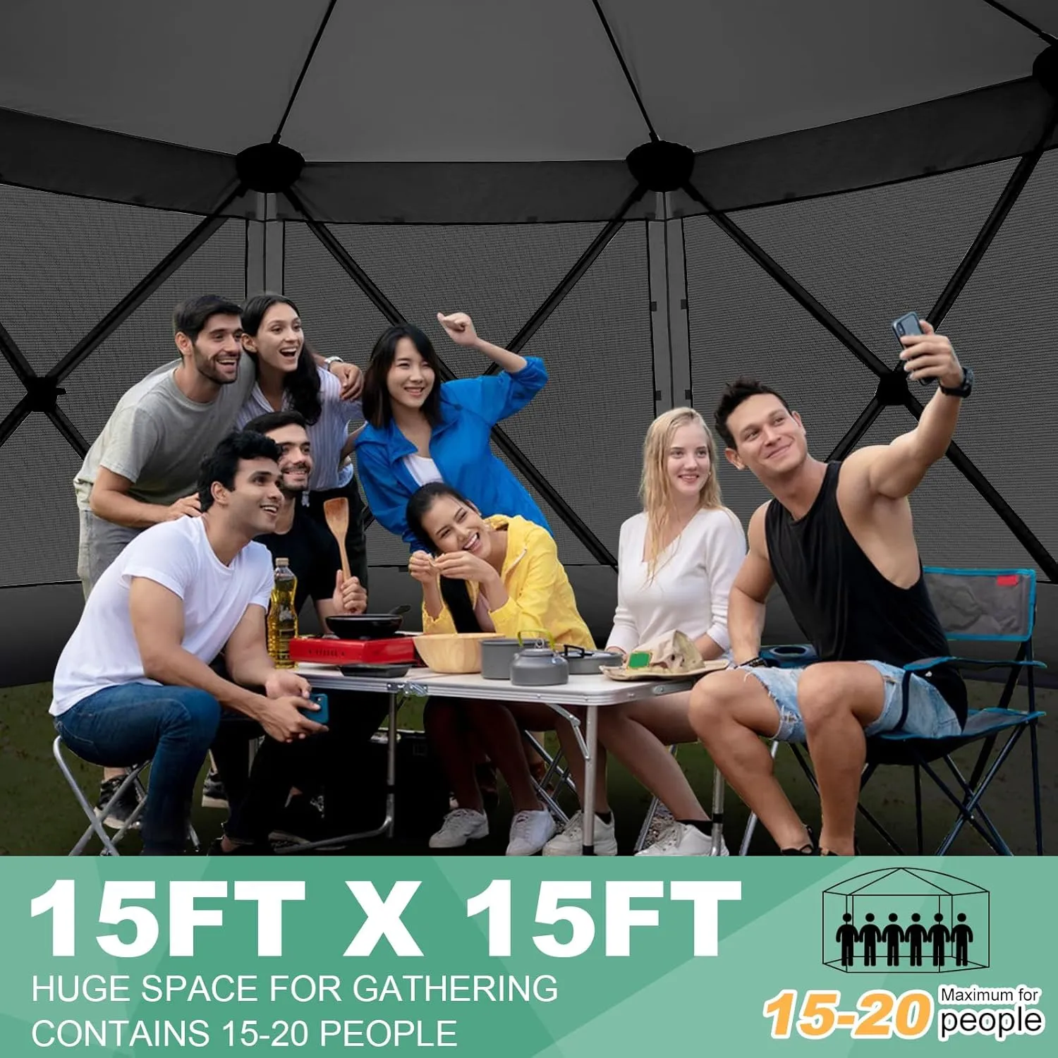 COBIZI 15x15ft Extra Large Pop-Up Gazebo Canopy Tent with Mosquito Netting, Spacious Easy Set-Up Screened Shelter, Durable Outdoor Pavilion with Ground Stakes, Perfect for Patio, Backyard, and Lawn