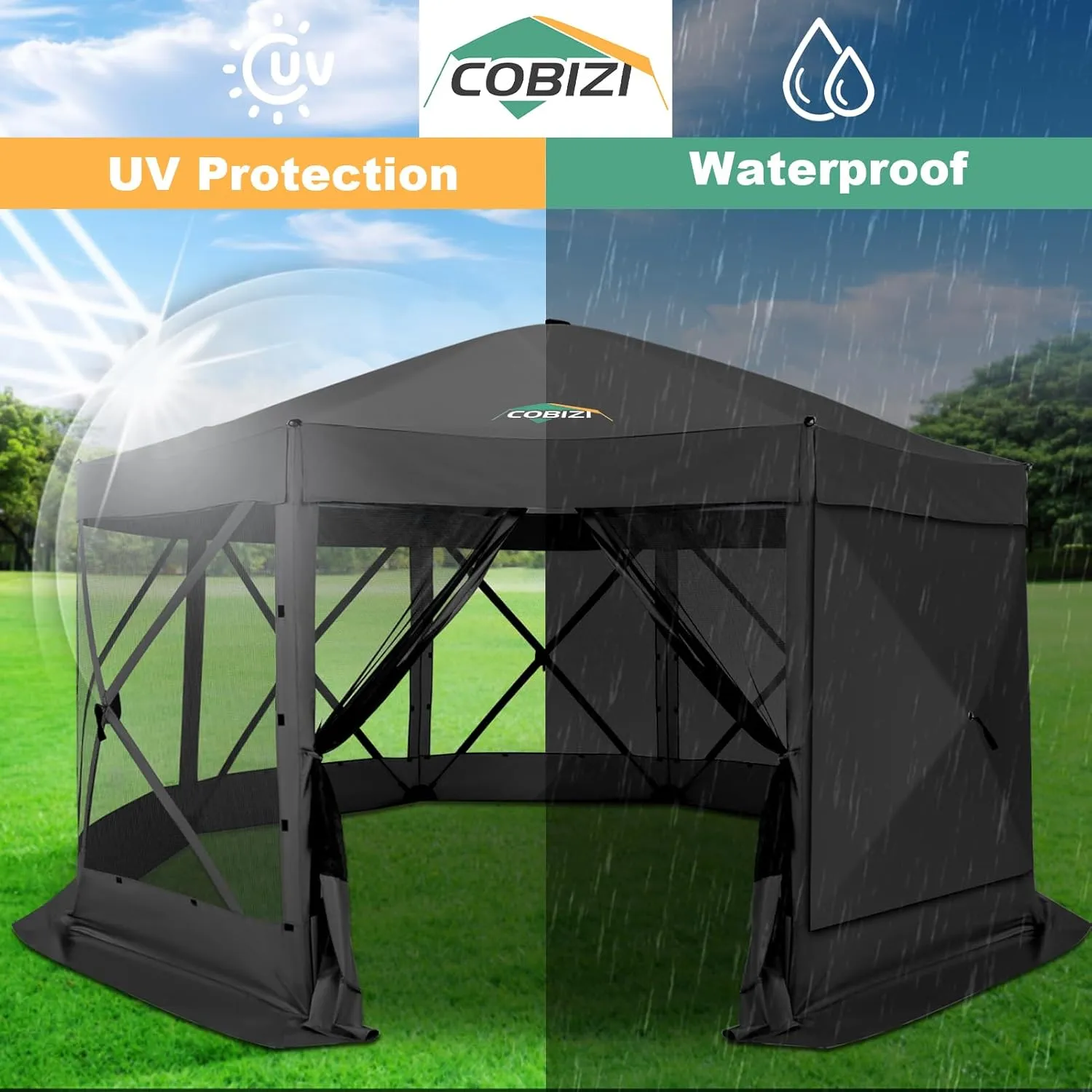 COBIZI 15x15ft Extra Large Pop-Up Gazebo Canopy Tent with Mosquito Netting, Spacious Easy Set-Up Screened Shelter, Durable Outdoor Pavilion with Ground Stakes, Perfect for Patio, Backyard, and Lawn