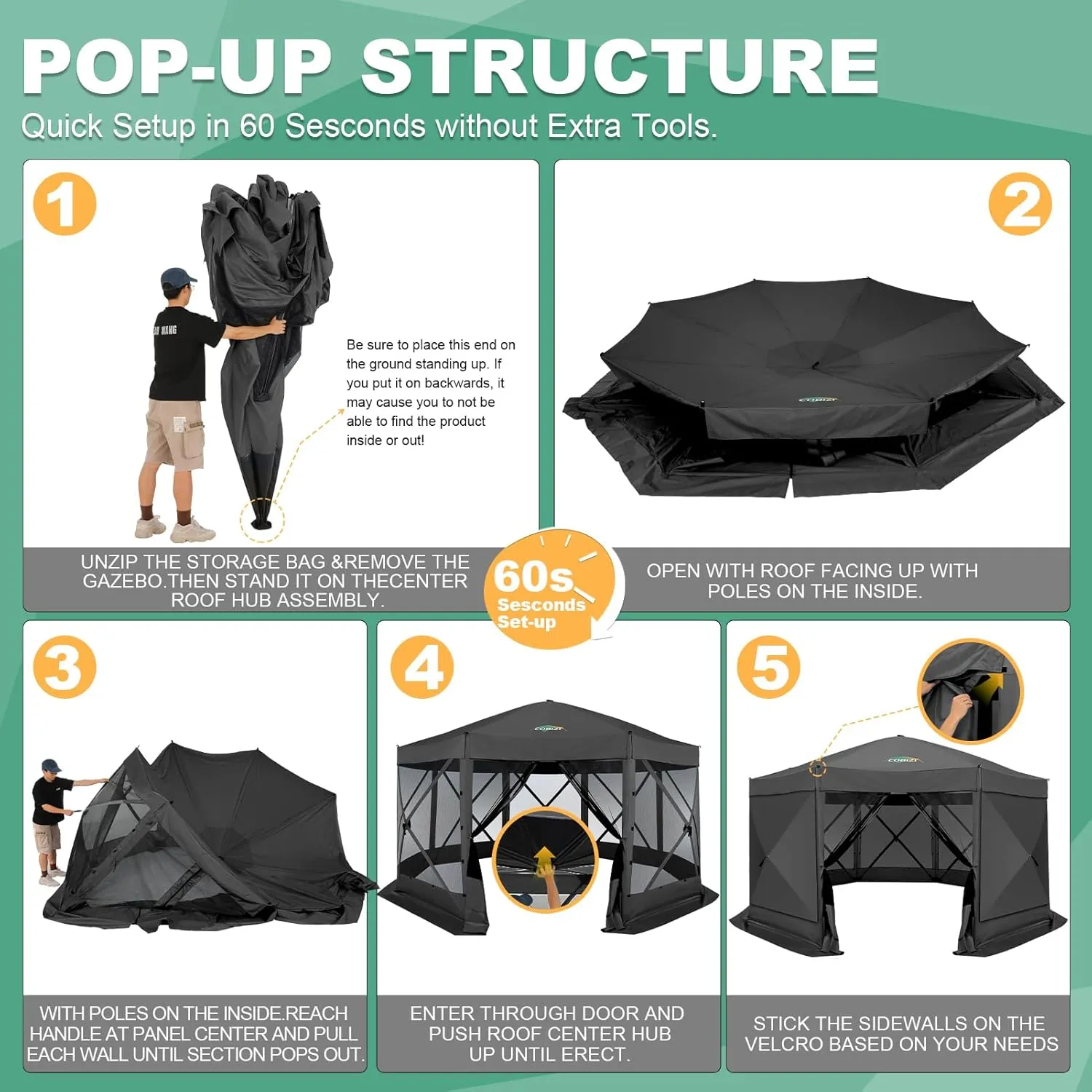 COBIZI 15x15ft Extra Large Pop-Up Gazebo Canopy Tent with Mosquito Netting, Spacious Easy Set-Up Screened Shelter, Durable Outdoor Pavilion with Ground Stakes, Perfect for Patio, Backyard, and Lawn