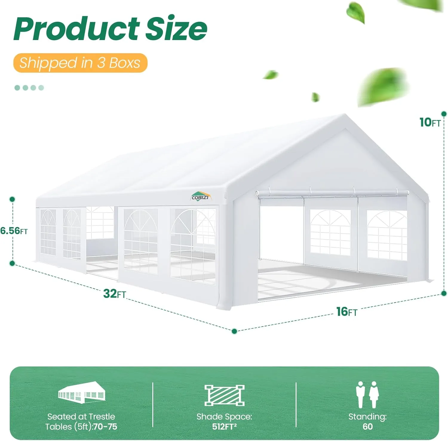 COBIZI 16x32 Party Tents Heavy Duty Tent, Tents for Parties with 6 Removable Sidewalls & 4 Built-in Sandbags, Wedding Tent for Party Outside UV50  Waterproof, White