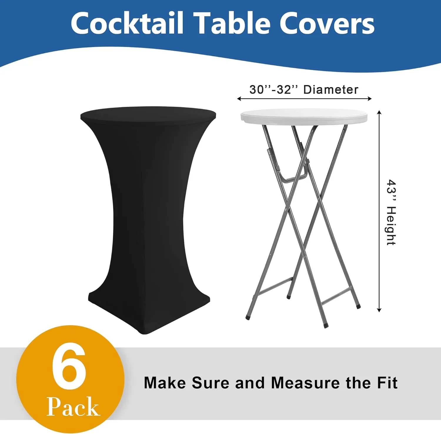 Cocktail Table Covers-Spandex Round High Top Table Cloths 6 Pack 32x43 Inch-Black Stretch Fitted Bar Tall Tablecloth for Pub Bistro Highboy Party Event Banquet Height Folding Satnding Tables