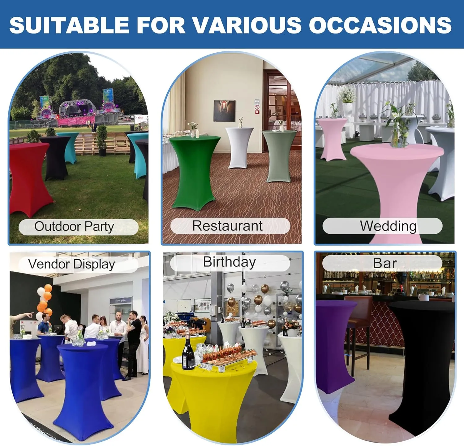 Cocktail Table Covers-Spandex Round High Top Table Cloths 6 Pack 32x43 Inch-Black Stretch Fitted Bar Tall Tablecloth for Pub Bistro Highboy Party Event Banquet Height Folding Satnding Tables