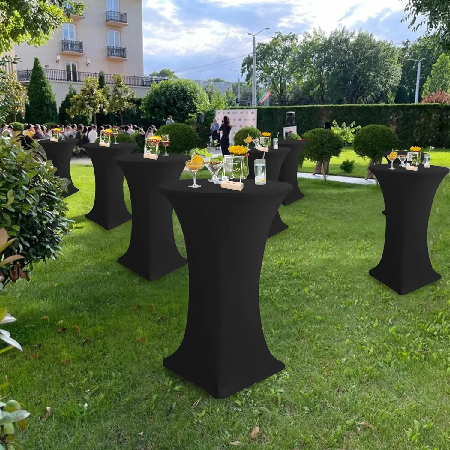 Cocktail Table Covers-Spandex Round High Top Table Cloths 6 Pack 32x43 Inch-Black Stretch Fitted Bar Tall Tablecloth for Pub Bistro Highboy Party Event Banquet Height Folding Satnding Tables