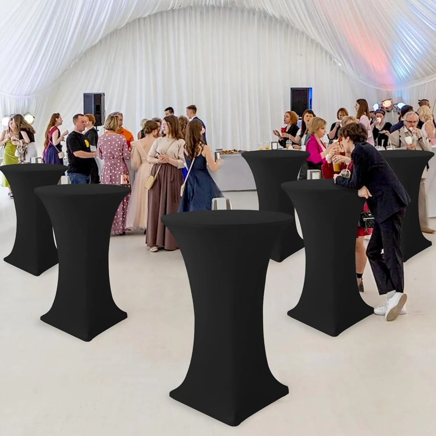 Cocktail Table Covers-Spandex Round High Top Table Cloths 6 Pack 32x43 Inch-Black Stretch Fitted Bar Tall Tablecloth for Pub Bistro Highboy Party Event Banquet Height Folding Satnding Tables