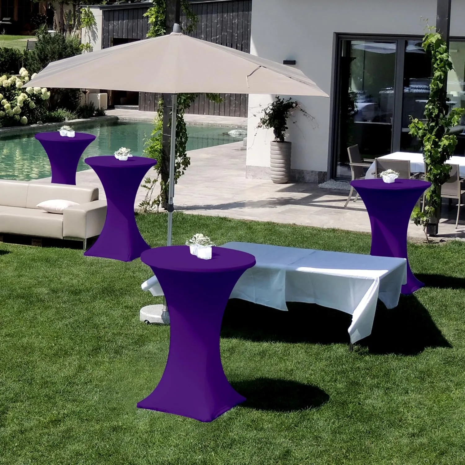 Cocktail Table Covers-Spandex Round High Top Table Cloths 6 Pack 32x43 Inch-Dark Purple Stretch Fitted Bar Tall Tablecloth for Pub Bistro Highboy Party Event Banquet Height Satnding Tables