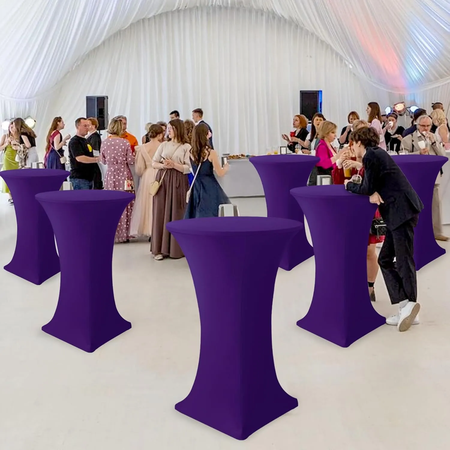Cocktail Table Covers-Spandex Round High Top Table Cloths 6 Pack 32x43 Inch-Dark Purple Stretch Fitted Bar Tall Tablecloth for Pub Bistro Highboy Party Event Banquet Height Satnding Tables
