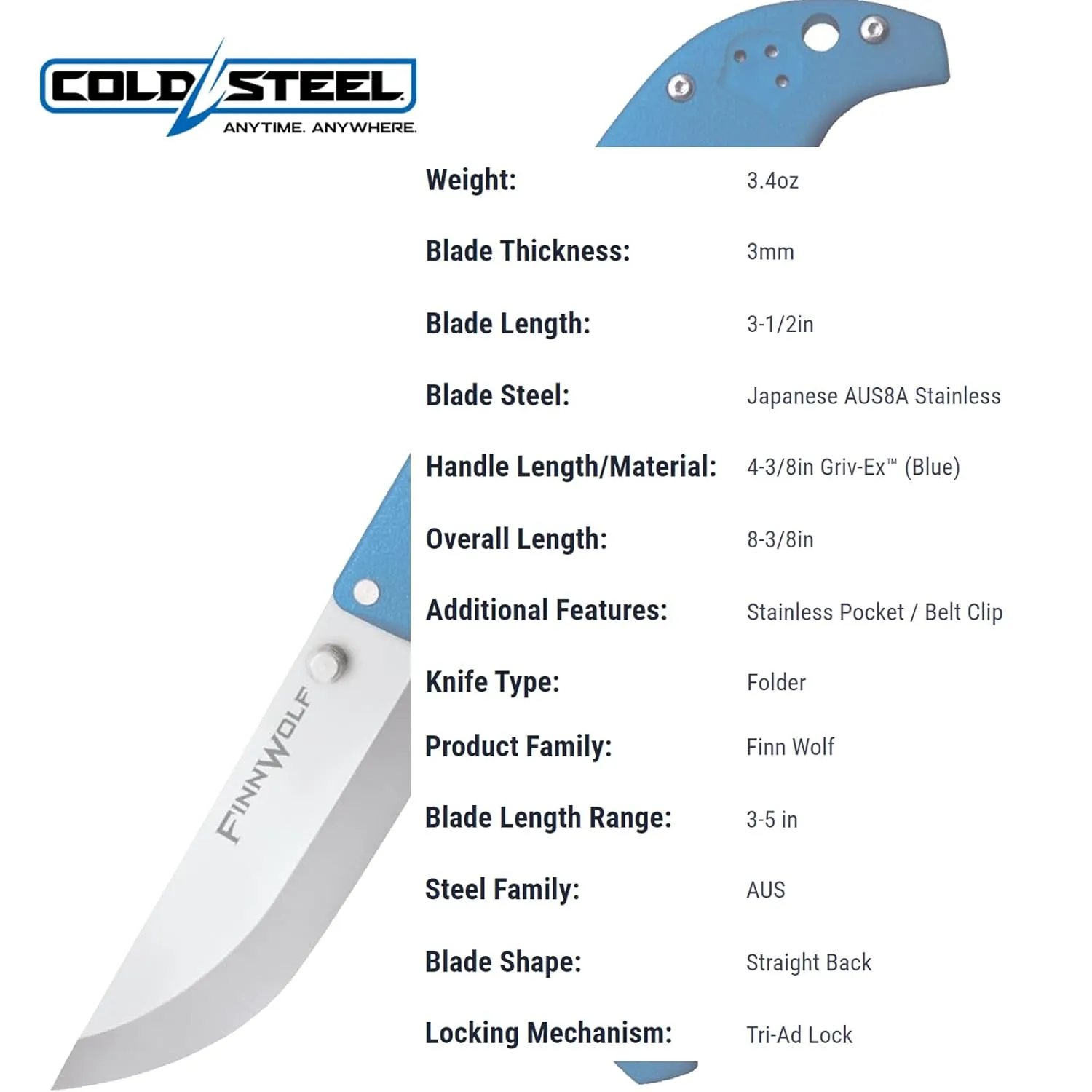 Cold Steel Finn Wolf 3.5in AUS8A Razor-Sharp Straight Back Blade 4.375in Griv-Ex Blue Handle Hunting Folding Knife, Boxed