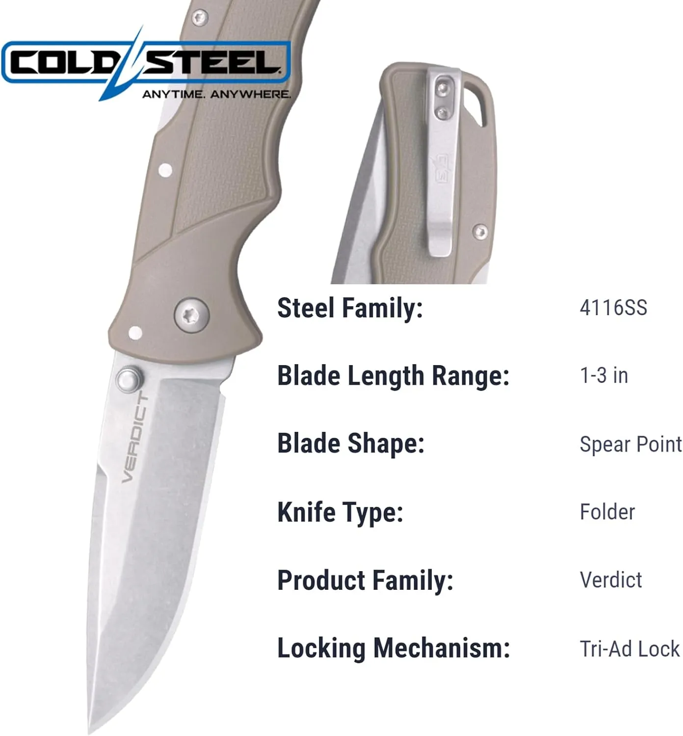 Cold Steel Verdict 3" 4116SS Spear Point Blade 4.25" GFN Handle Everyday Carry Tactical Folding Knife with Tri-Ad Locking Mechanism