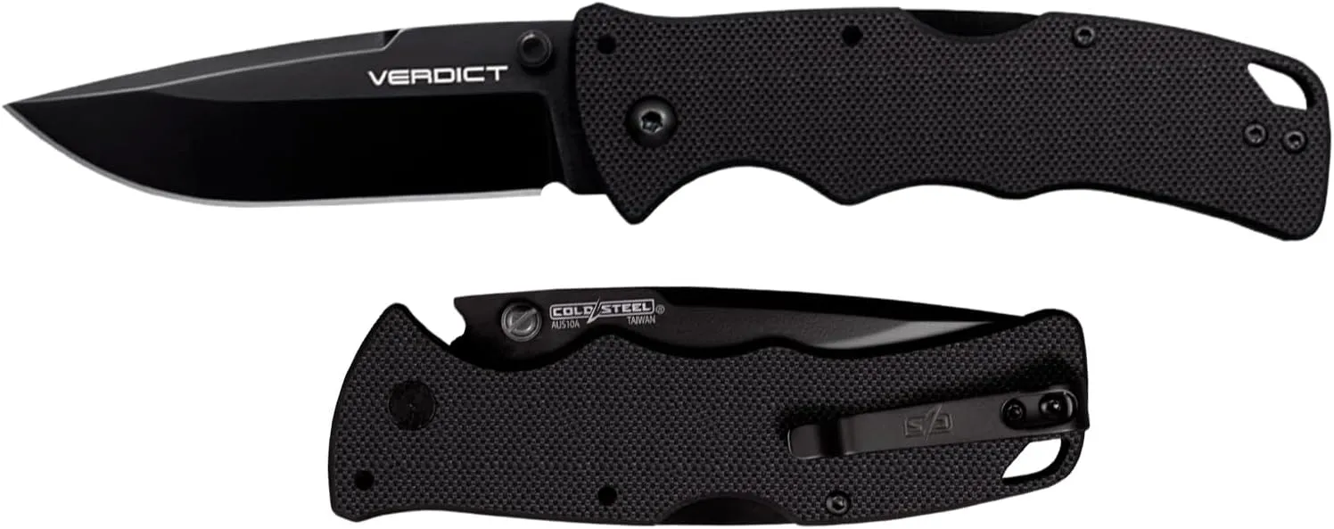 Cold Steel Verdict 3" AUS10A Spear Point Blade 4.25" G-10 Black Handle Everyday Carry Tactical Folding Knife with Tri-Ad Lock