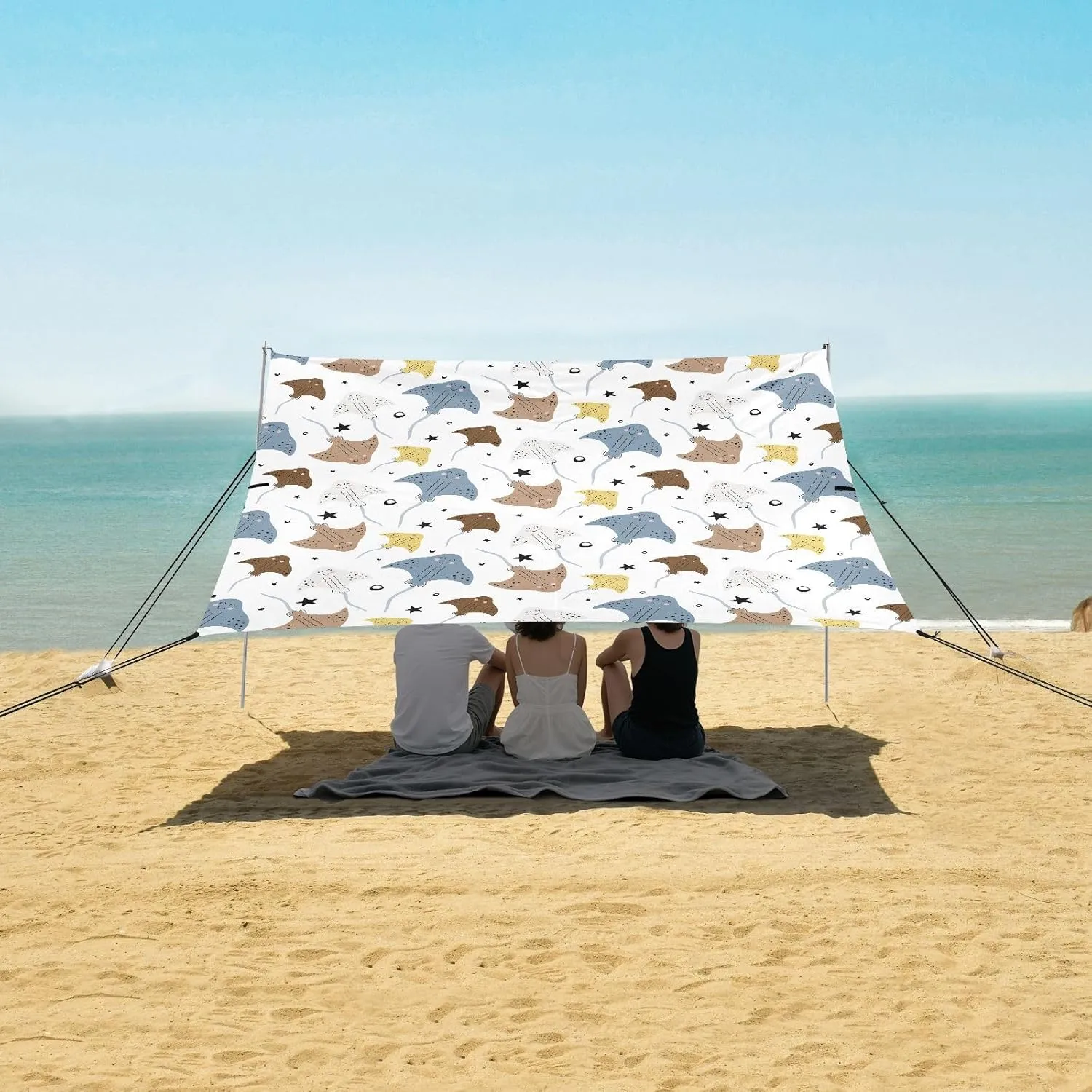 Colorful Stingrays Beach Canopy Tent Anti-UV & Wind Resistant, Marine Life Underwater Camping Sun Shelter Easy Setup Portable,Outdoor Shade Tents with Sandbags,Sand Shovels,Ground Pegs & Stabili