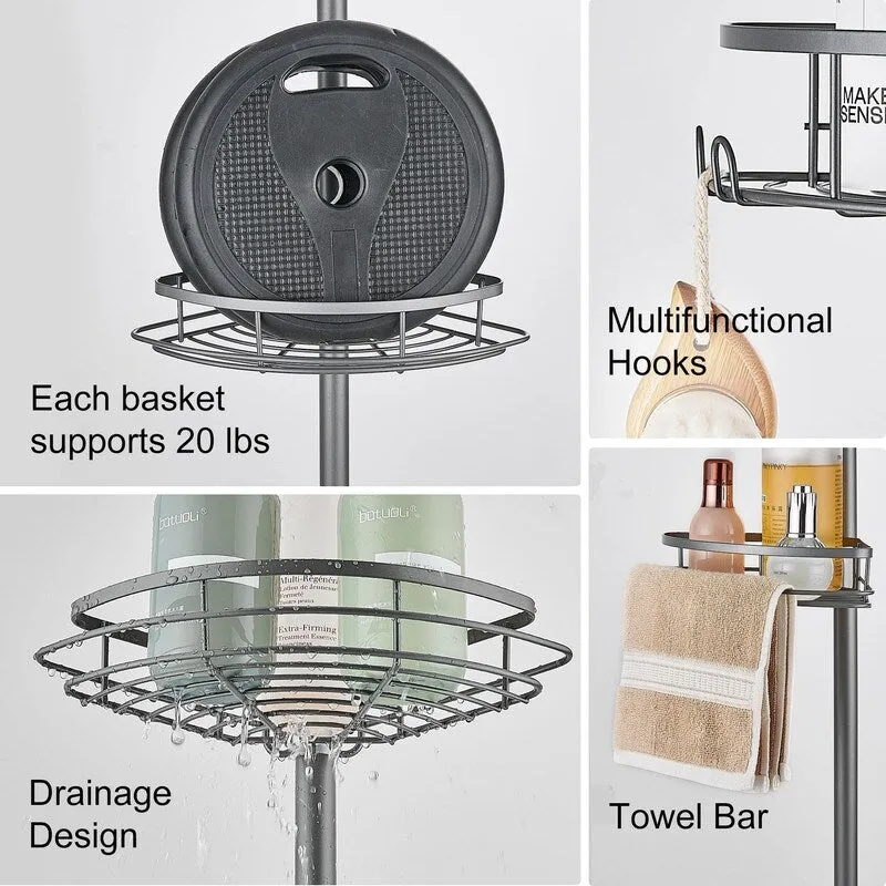 Corner Shower Caddy Tension Pole, Tension Rod Organizer, 4-Tier Adjustable Floor to Ceiling Shower Caddy 33-127inch