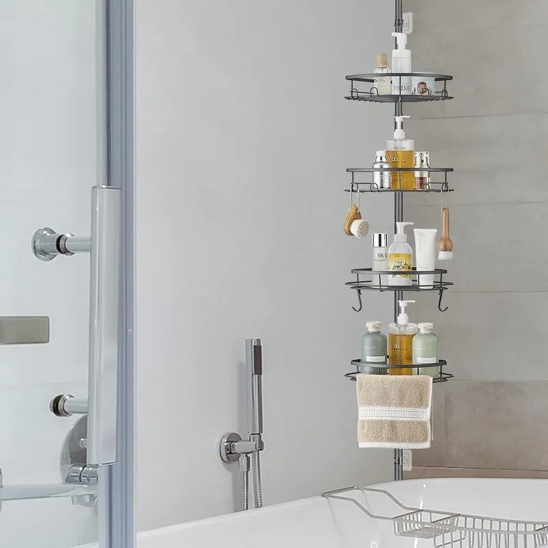 Corner Shower Caddy Tension Pole, Tension Rod Organizer, 4-Tier Adjustable Floor to Ceiling Shower Caddy 33-127inch