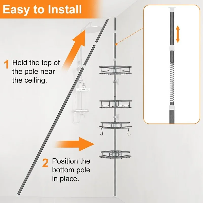 Corner Shower Caddy Tension Pole, Tension Rod Organizer, 4-Tier Adjustable Floor to Ceiling Shower Caddy 33-127inch