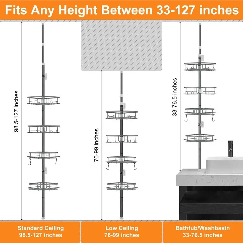 Corner Shower Caddy Tension Pole, Tension Rod Organizer, 4-Tier Adjustable Floor to Ceiling Shower Caddy 33-127inch