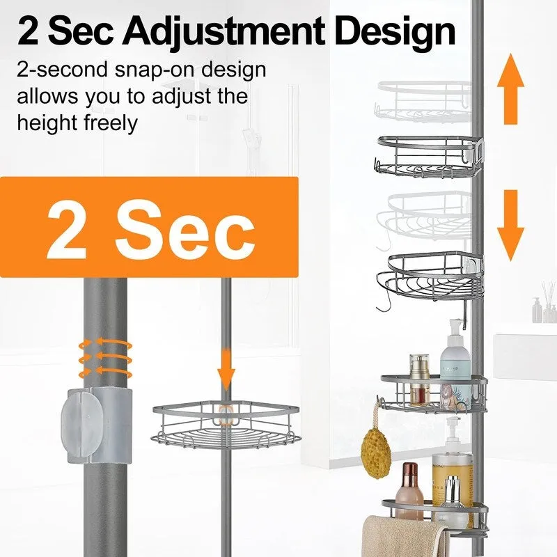 Corner Shower Caddy Tension Pole, Tension Rod Organizer, 4-Tier Adjustable Floor to Ceiling Shower Caddy 33-127inch