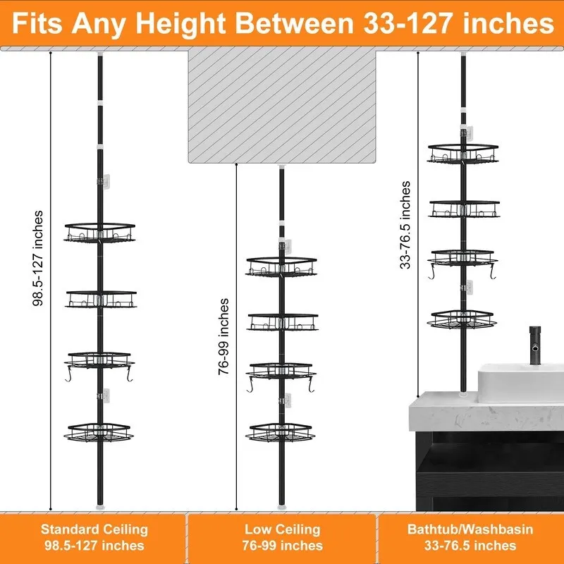 Corner Shower Caddy Tension Pole, Tension Rod Organizer, 4-Tier Adjustable Floor to Ceiling Shower Caddy 33-127inch
