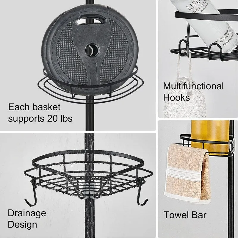 Corner Shower Caddy Tension Pole, Tension Rod Organizer, 4-Tier Adjustable Floor to Ceiling Shower Caddy 33-127inch