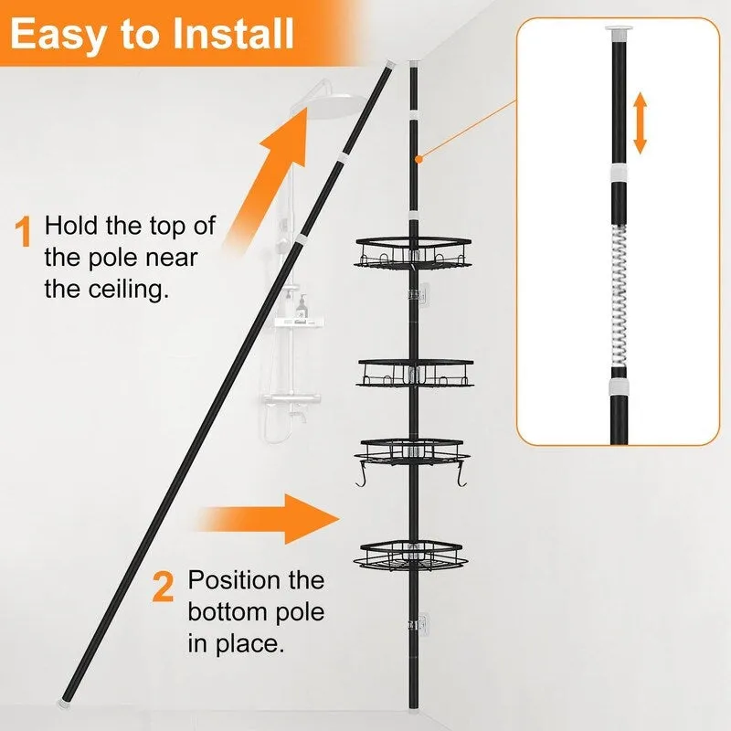 Corner Shower Caddy Tension Pole, Tension Rod Organizer, 4-Tier Adjustable Floor to Ceiling Shower Caddy 33-127inch
